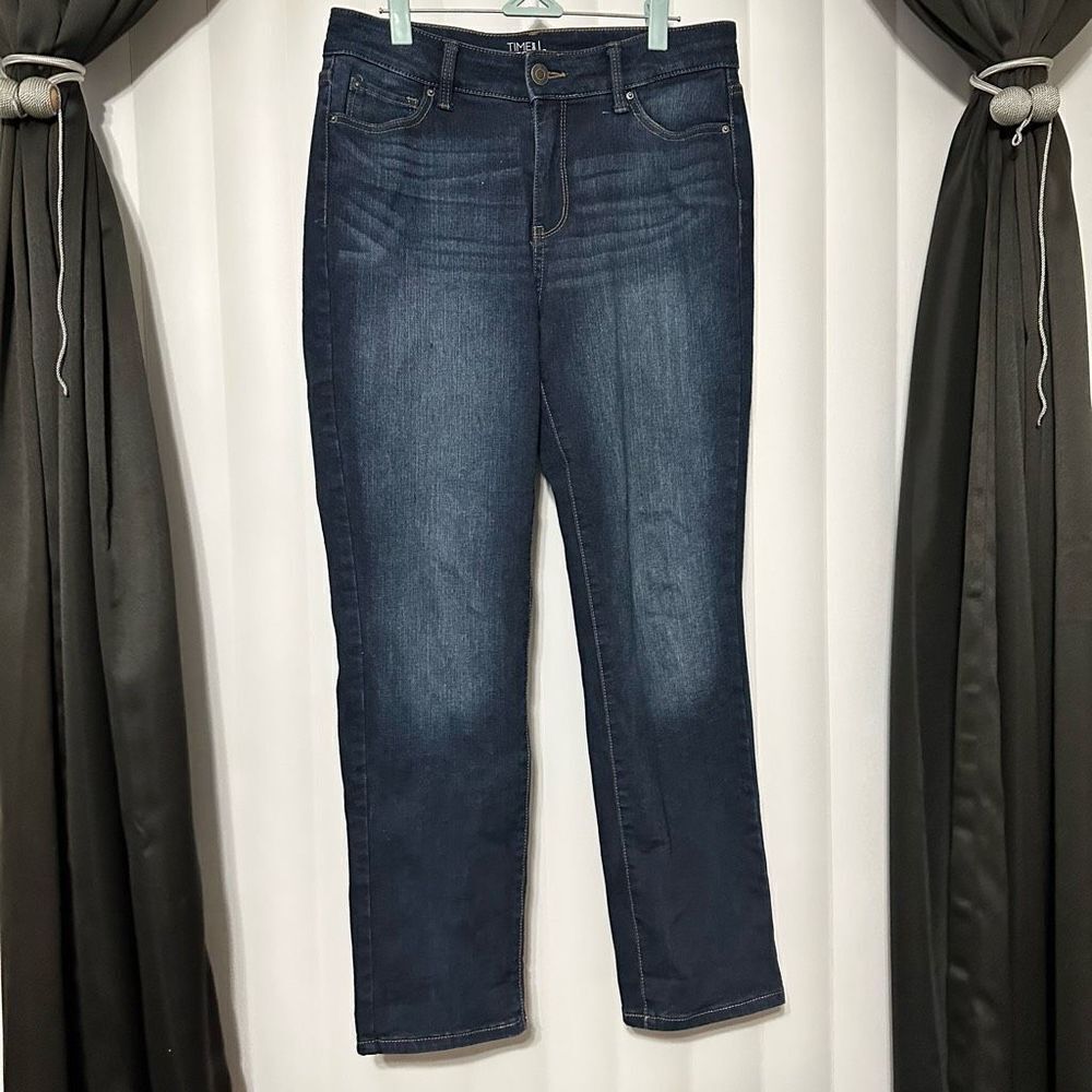 Time and True Straight Dark blue wash denim jeans 
65% Cotton, 28% Polyester, 4%